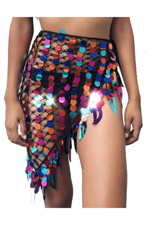 Multi-Coloured Sequin Net Wrap Skirt