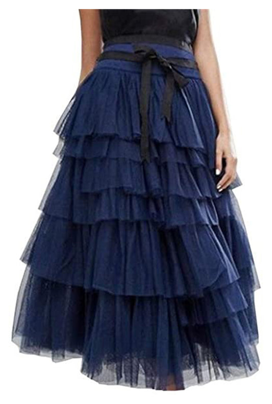 Navy Blue Tulle Tiered Long Skirt