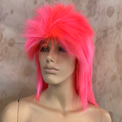 Fluro Pink 80's Deluxe Mullet Wig