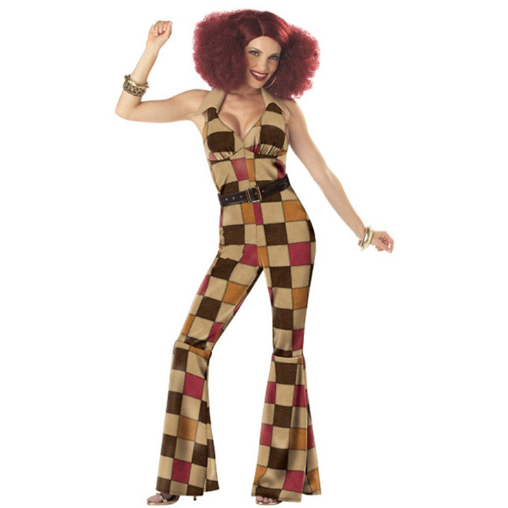 Ladies 70's Brown Checked Jumpsuit