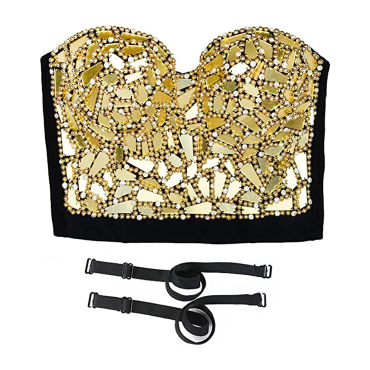 Sexy Gold Sequins And Beads Bustier Crop Top