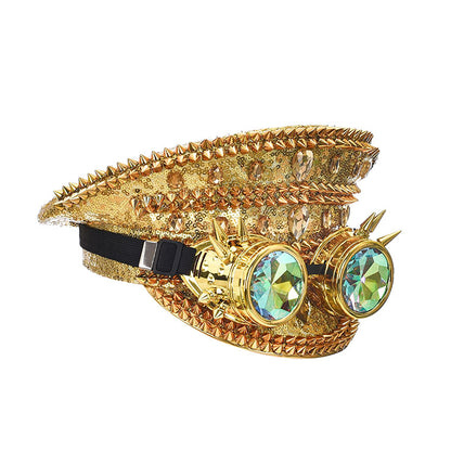 Gold Sequin Rhinestone Hat with Spiked Goggles