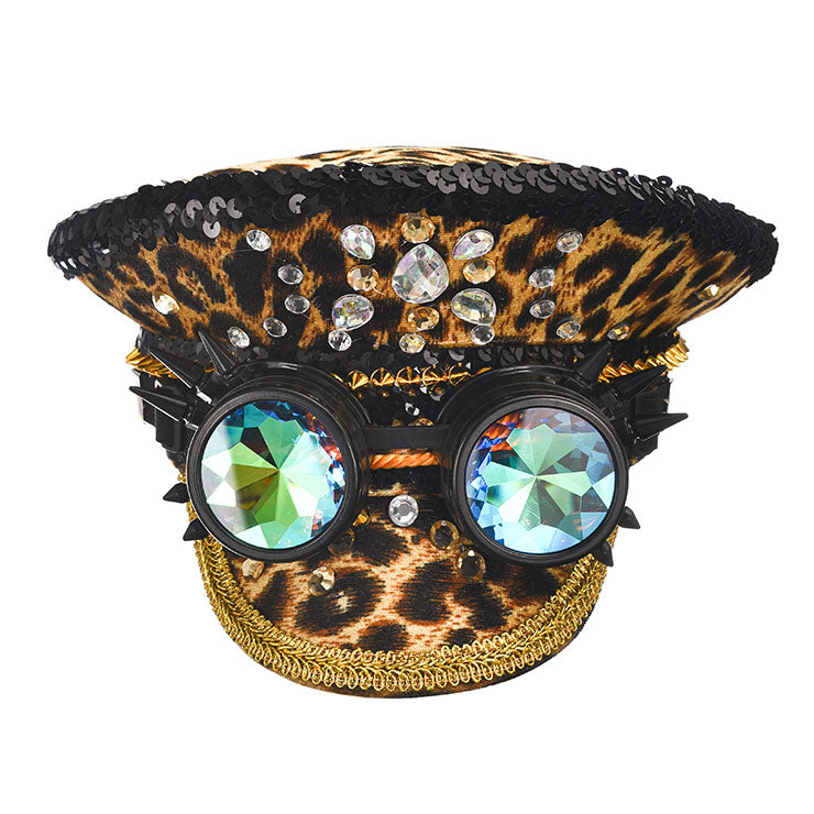 Leopard Print Rhinestone Hat with Spiked Goggles