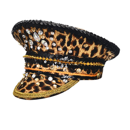 Leopard Print Rhinestone Hat with Spiked Goggles