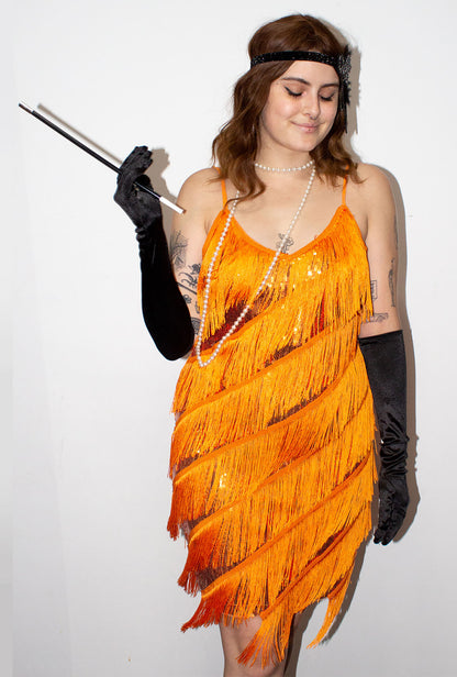 Orange Diagonal Fringe Sequined Flapper Dress