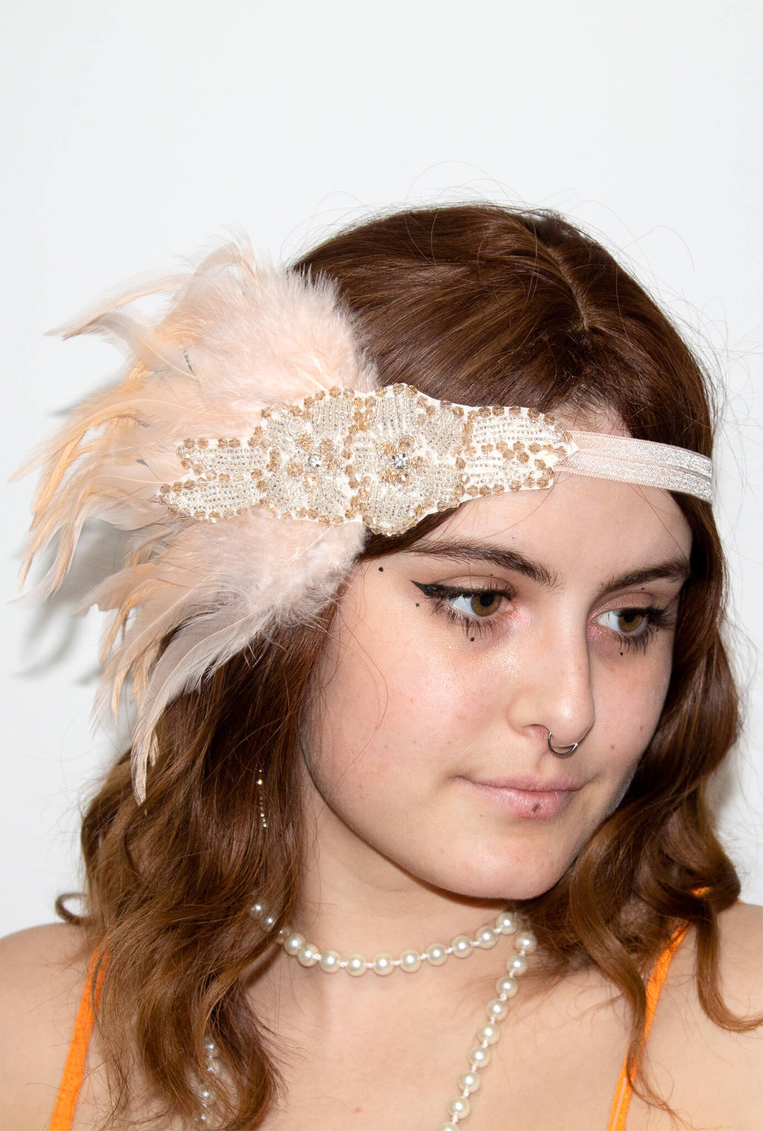 Peach Flower Feather Gatsby Headband