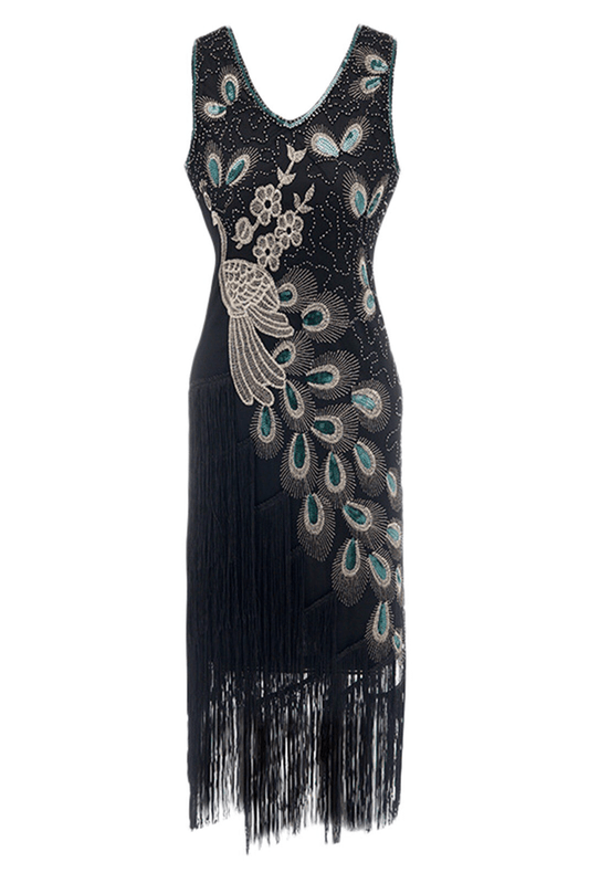 1920's Gatsby Black & Gold Peacock Dress