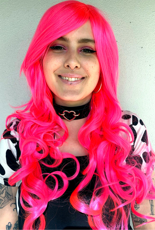 Deluxe Long Neon Pink Curly Wig