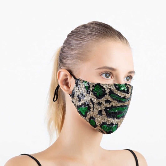 Sequin Gold and Green Leopard Face Mask