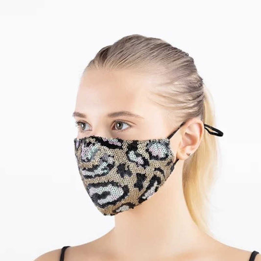 Sequin Gold and Iridescent Blue Leopard Face Mask