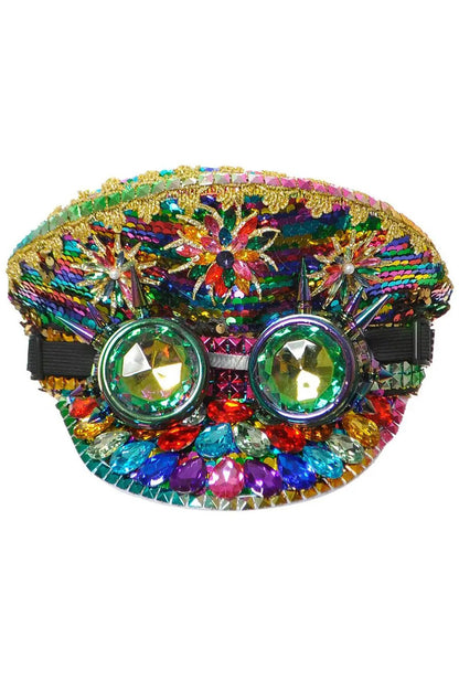 Rainbow Sequin Hat with Chrome Goggles