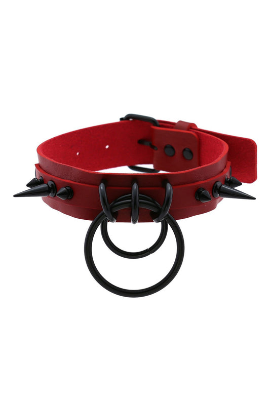 Red & Black Spiked Choker with Ring
