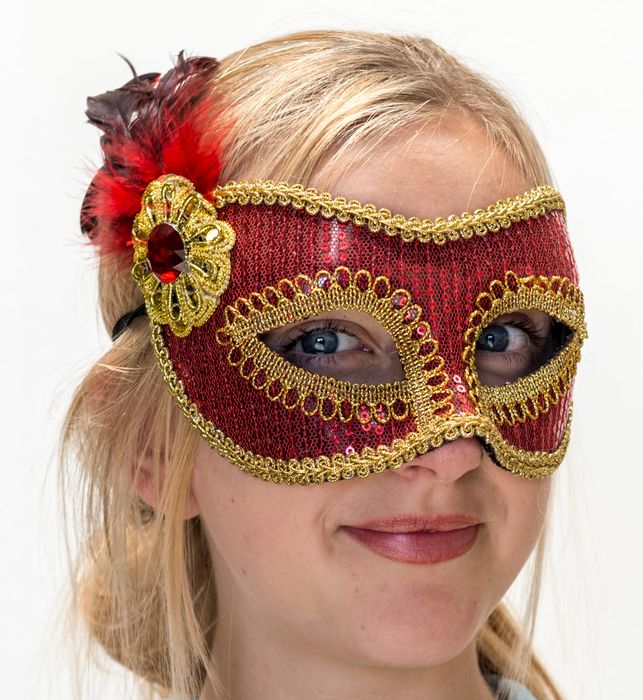 Red and Gold Feathered Masquerade Mask