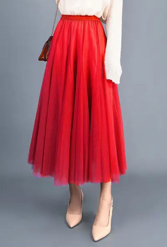 Red Long Tulle Skirt