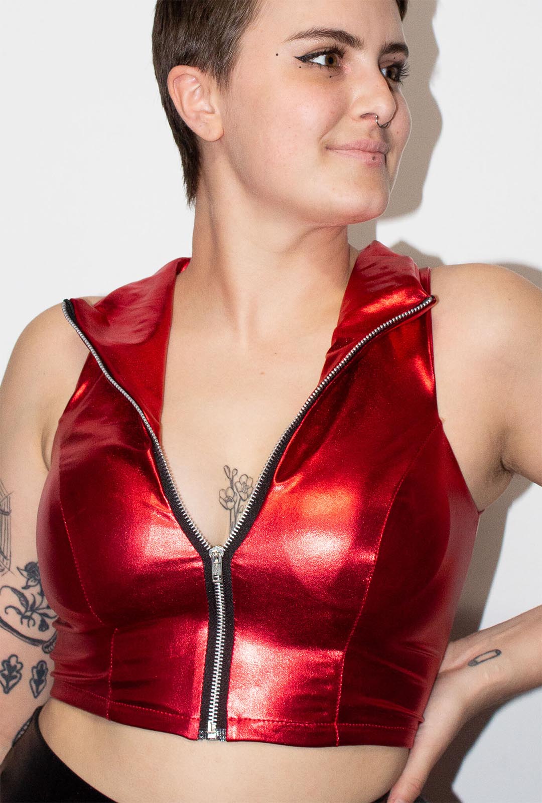 Metallic Red Zip Crop Top