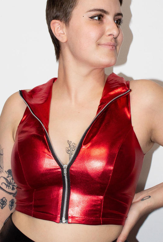 Metallic Red Zip Crop Top