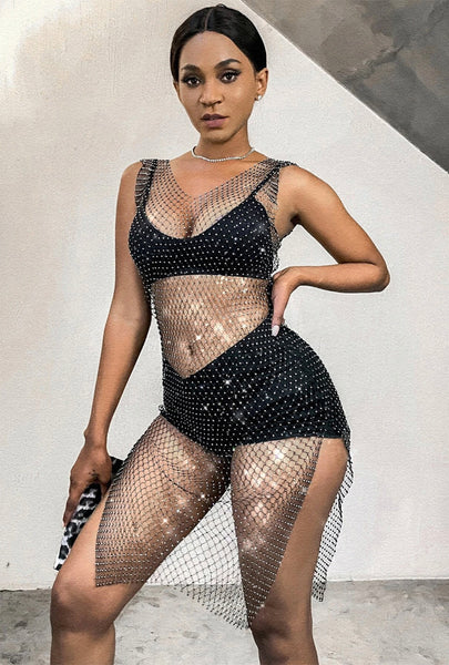 Black Rhinestone Fishnet Dress Perth