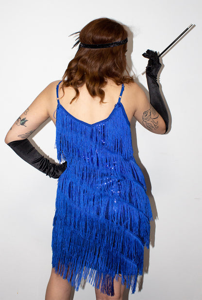 Royal Blue Diagonal Fringe Sequined Flapper Dress