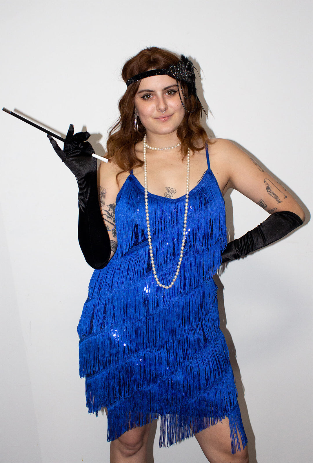 Royal Blue Diagonal Fringe Sequined Flapper Dress