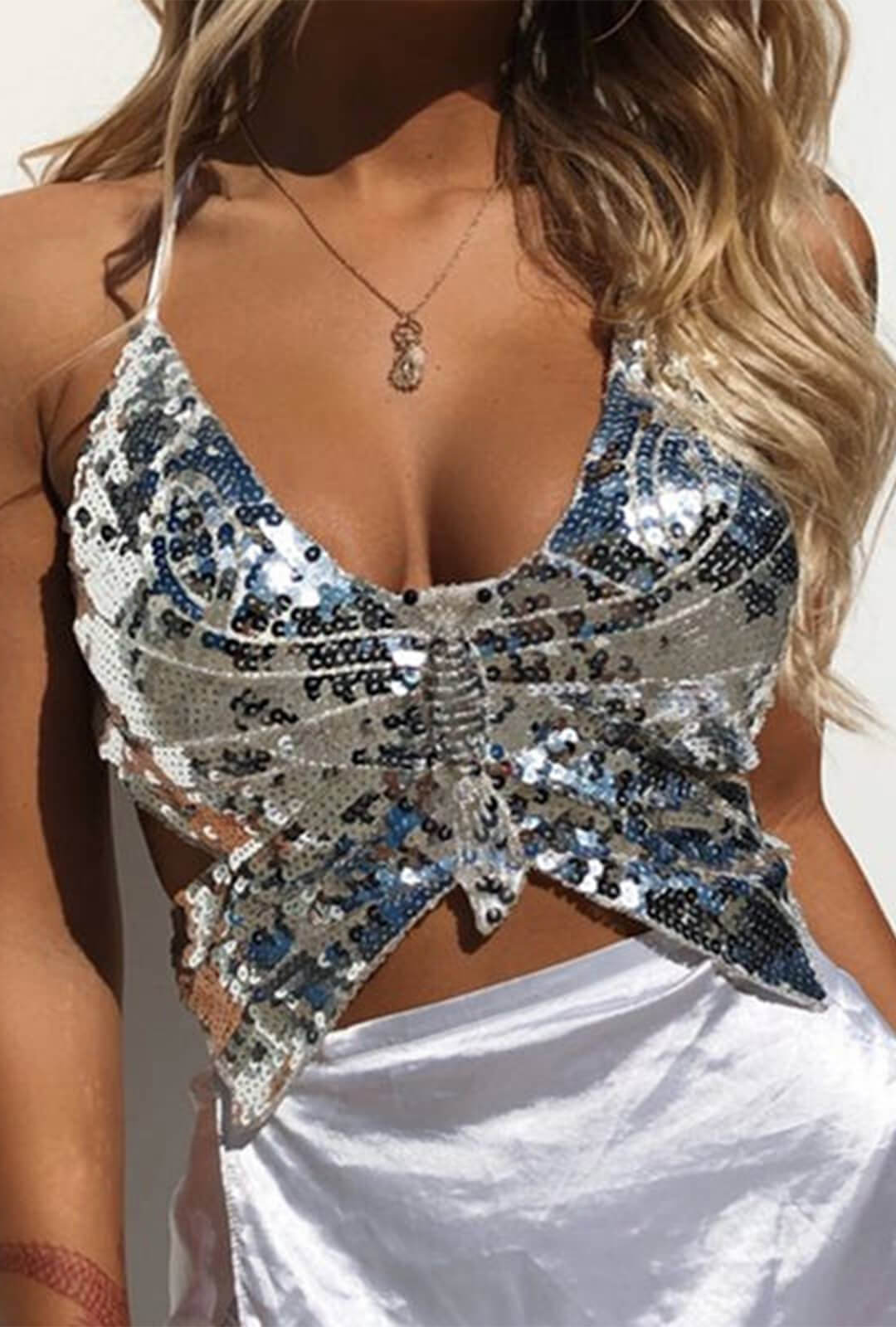 Sequin Silver Butterfly Halter Top