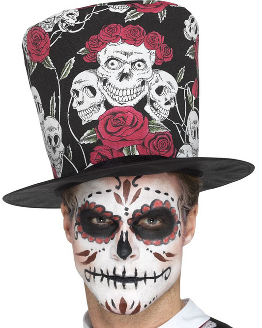 Day of The Dead Skull & Rose Top Hat