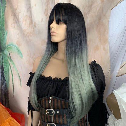 Deluxe Straight Ombre Black to Sage Silver Wig