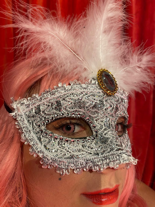 White Lace Feather Mask with Gold Detail