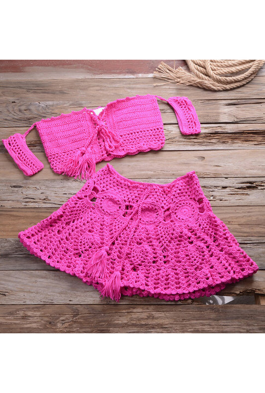 Pink Crochet Knit Top and Skirt Set
