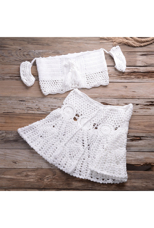White Crochet Knit Top and Skirt Set