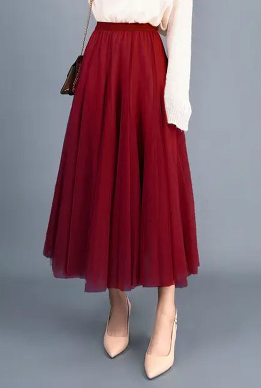Wine Red Long Tulle Skirt